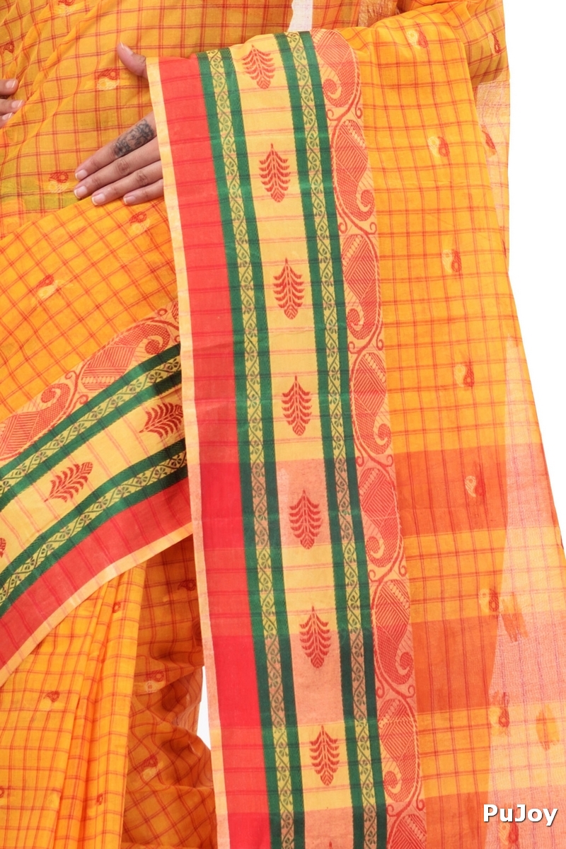 Yellow Pure Cotton ChakButi Tant Saree (125)